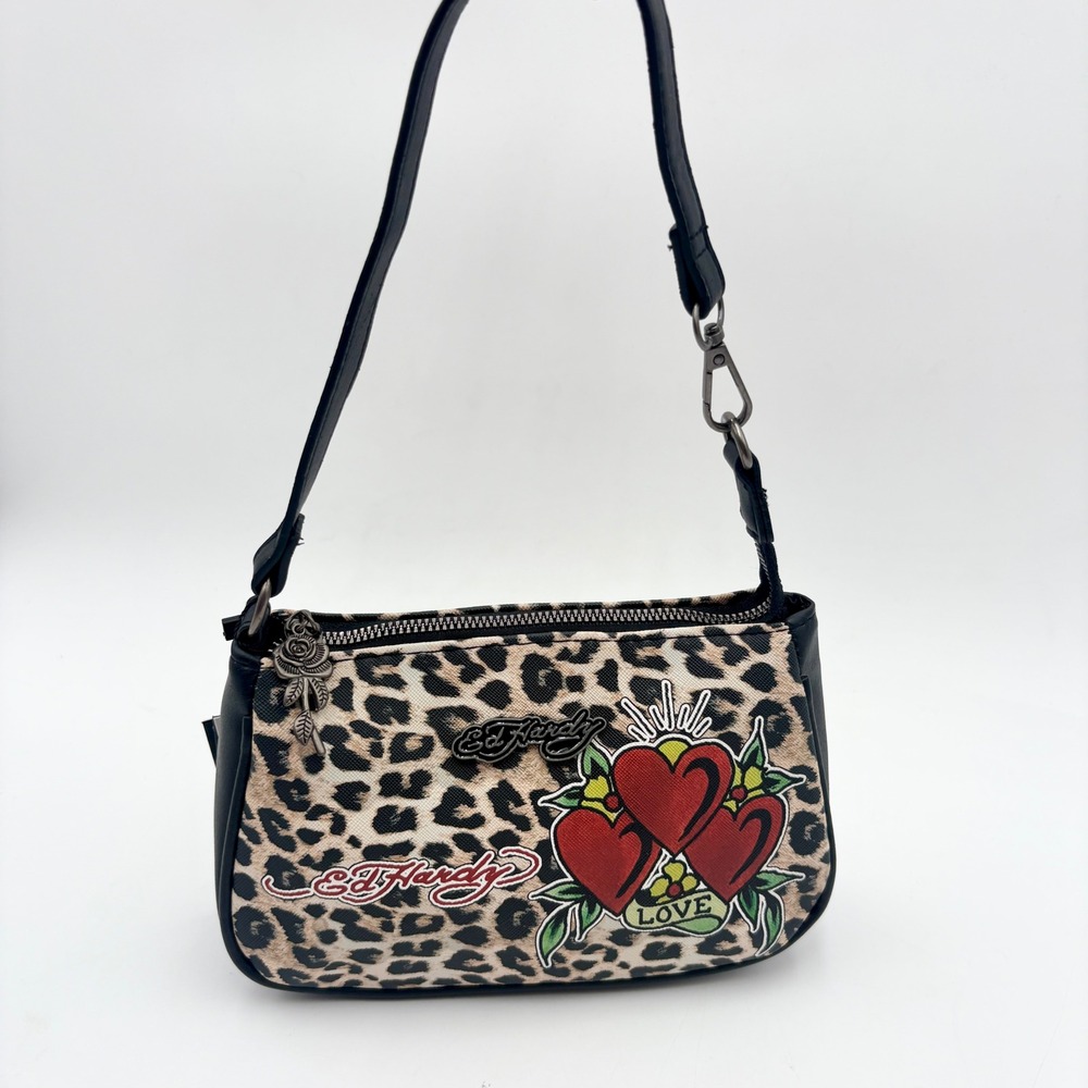 Ed Hardy Leopard Print Heart Tattoo‎ Wristlet Bag Vegan Materials